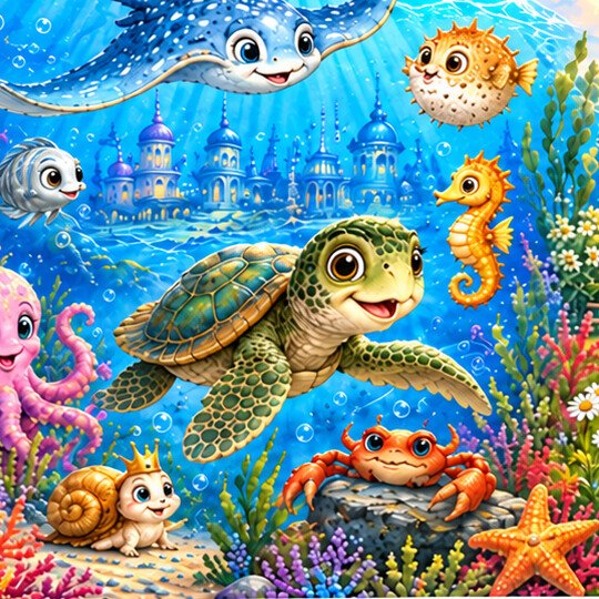 Truly the Turtle smiling among the coral of Tidepool Town
