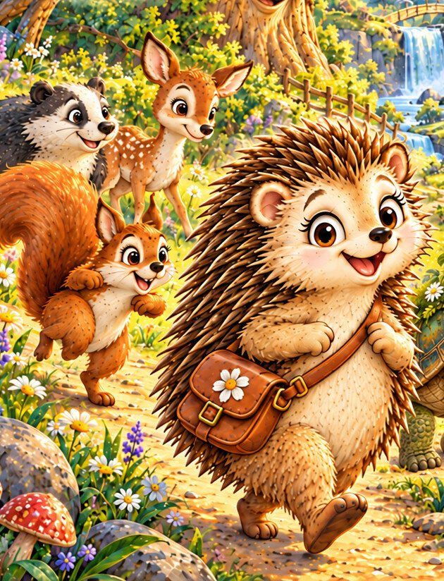 Whispering Woods, where Hope the Hedgehog sets off along the path with her satchel, a tortoise, a squirrel, a badger and a fawn