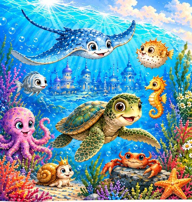 Tidepool Town, where Truly the Turtle swims past the coral city with Finley the fish, a manta ray, an octopus and a crowned snail